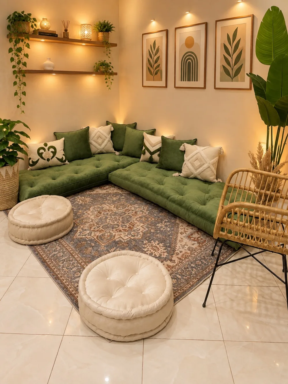 Boho living room with a deep green sectional sofa, cream cushions, vintage patterned rug, rattan chair, and warm wooden floating shelves.