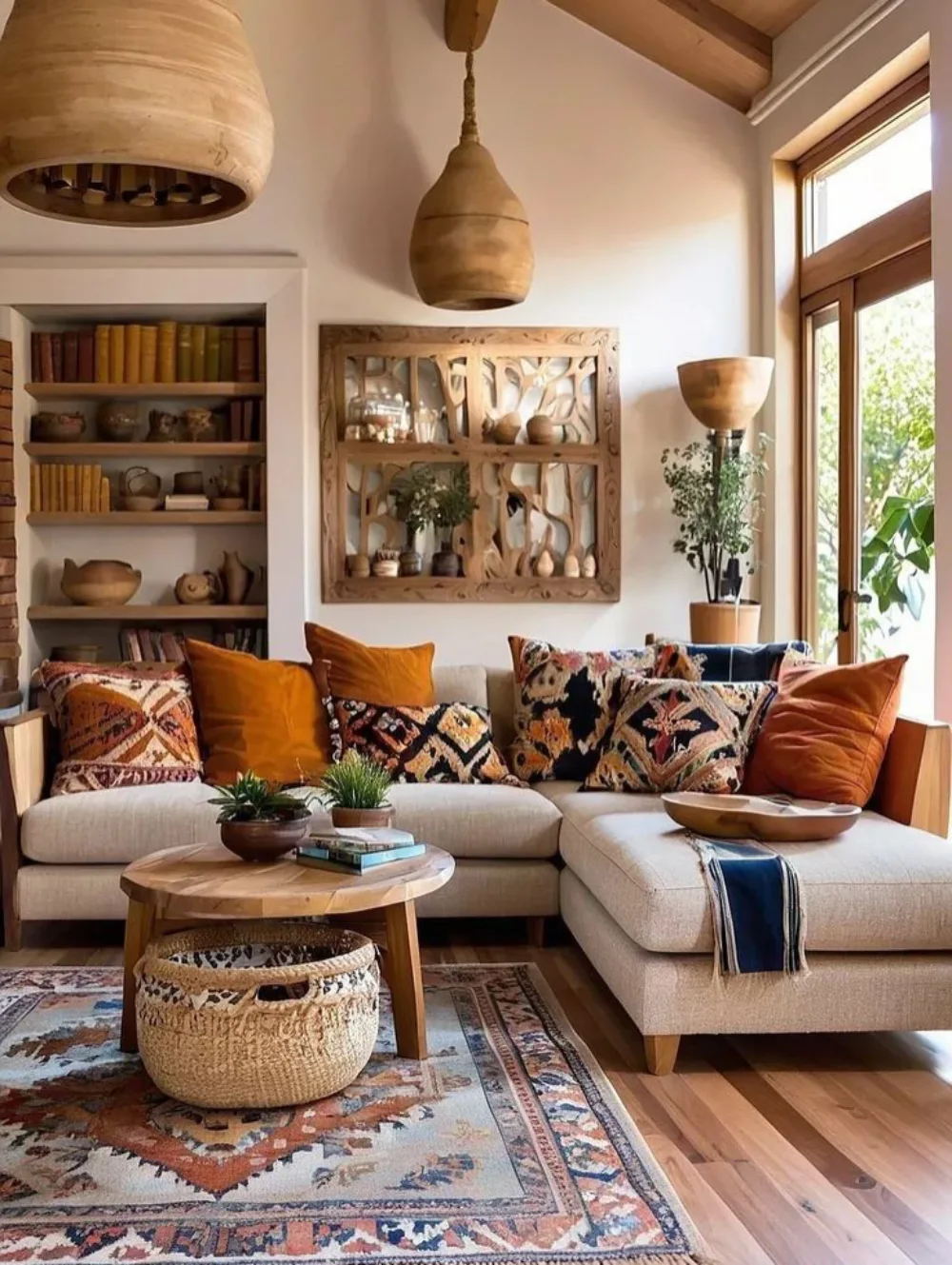 Eclectic boho living room with a beige sectional, colorful patterned pillows, rustic wooden coffee table, woven pendant lights, and a vintage rug.