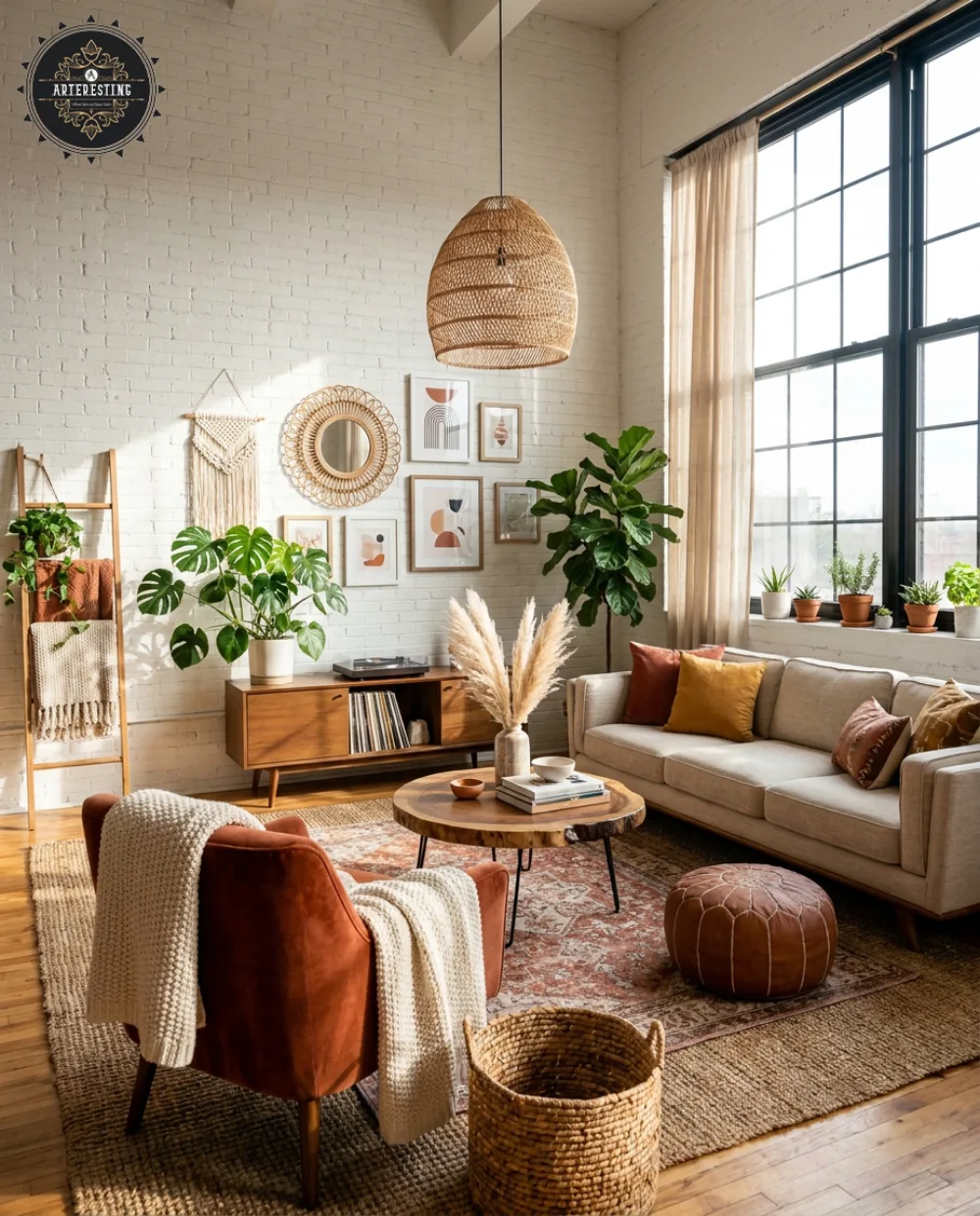 Bright boho industrial living room with white brick walls, a beige sofa, rattan pendant light, vintage rug, wooden media console, and green plants.