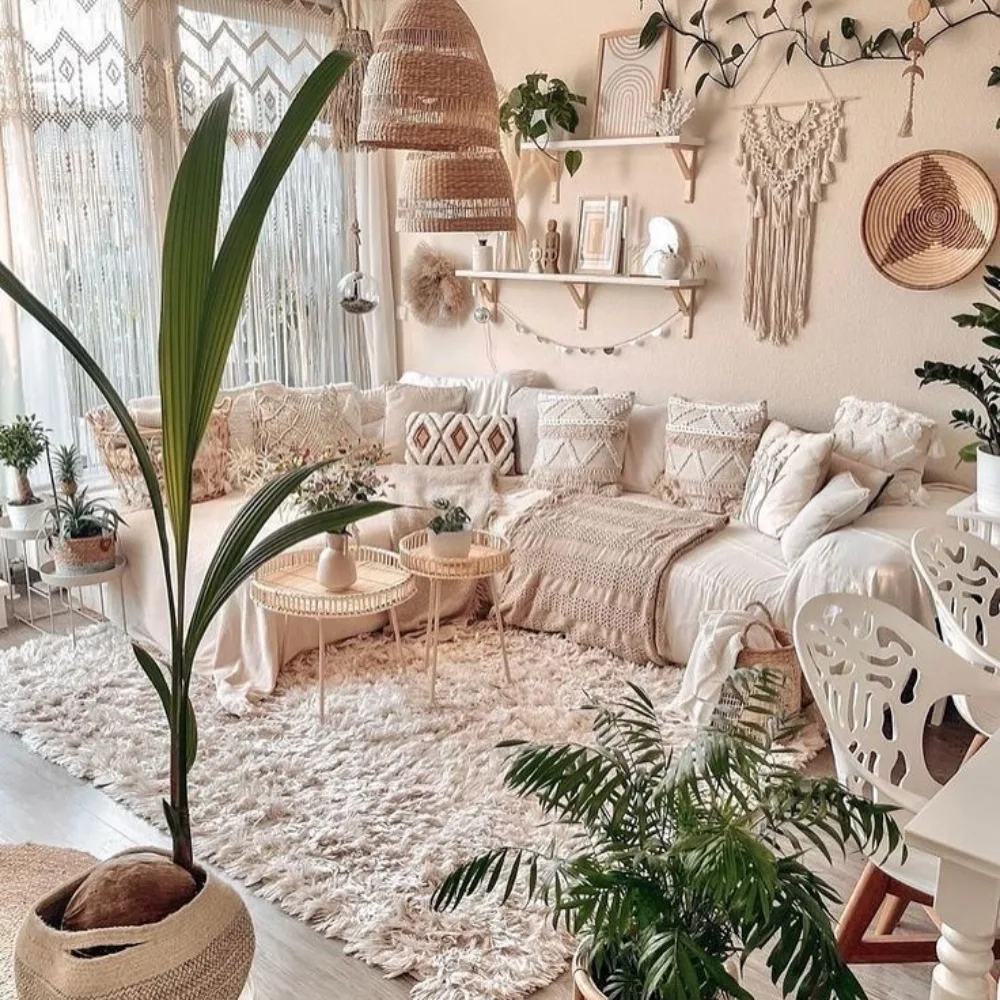 Airy boho living room with a cream sectional, fluffy neutral rug, macrame pillows, woven pendant lights, and abundant green plants.