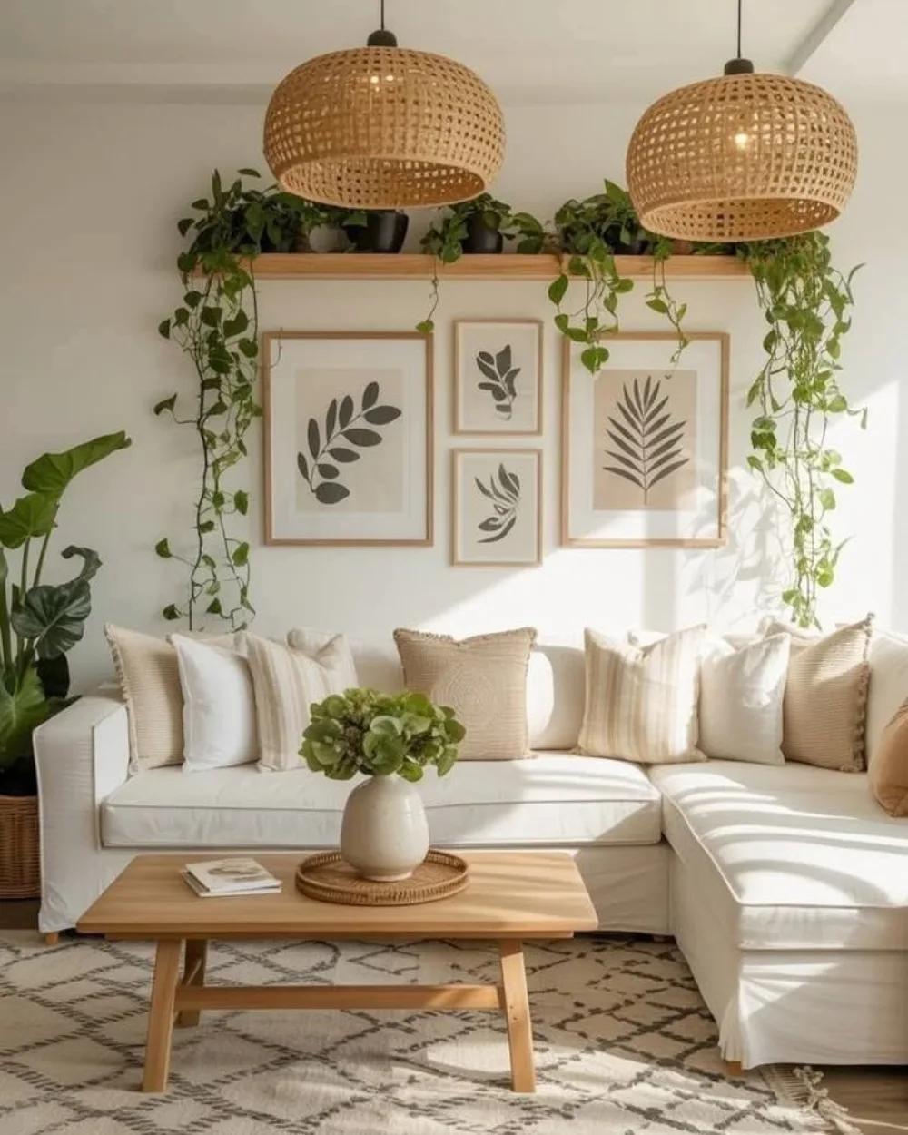 Neutral boho living room with a white sectional, woven rattan pendant lights, botanical wall art, trailing plants, and a patterned jute rug.