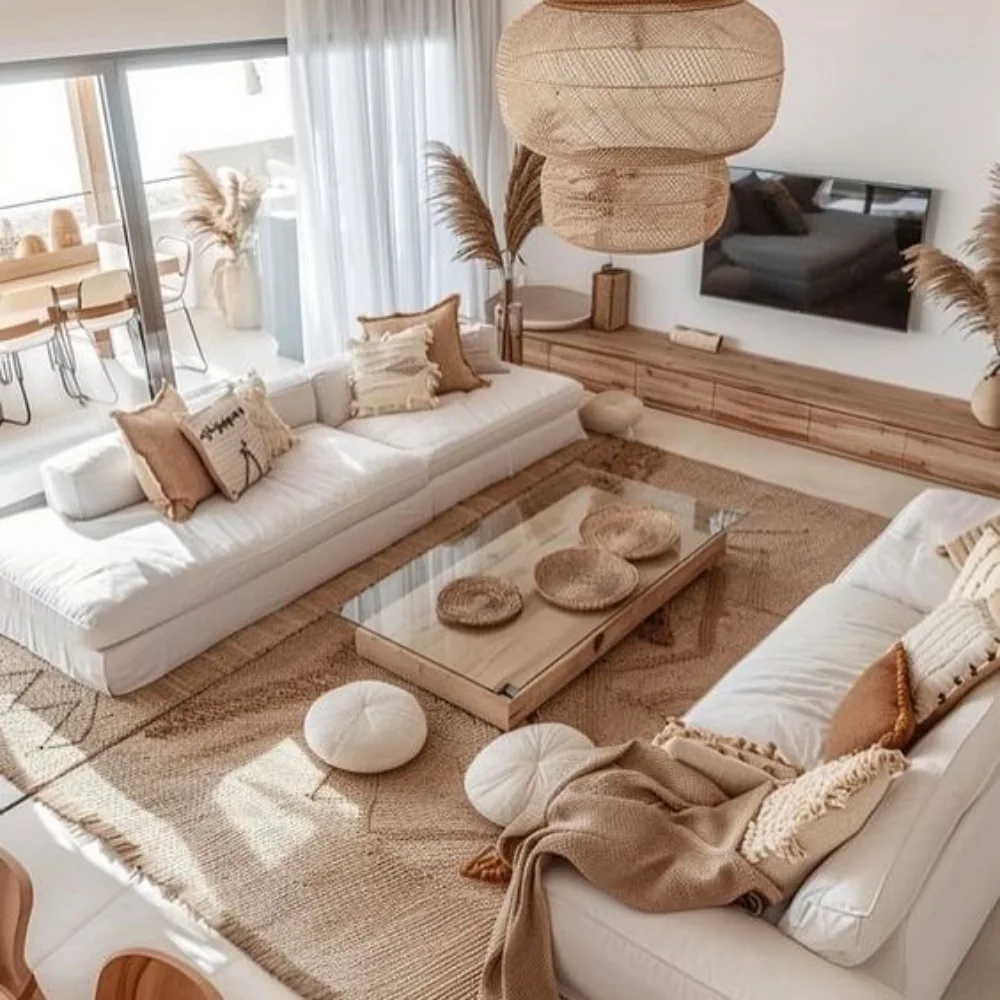 Minimalist boho living room with low white sofas, neutral cushions, layered jute rugs, a glass coffee table, and oversized woven pendant lights.