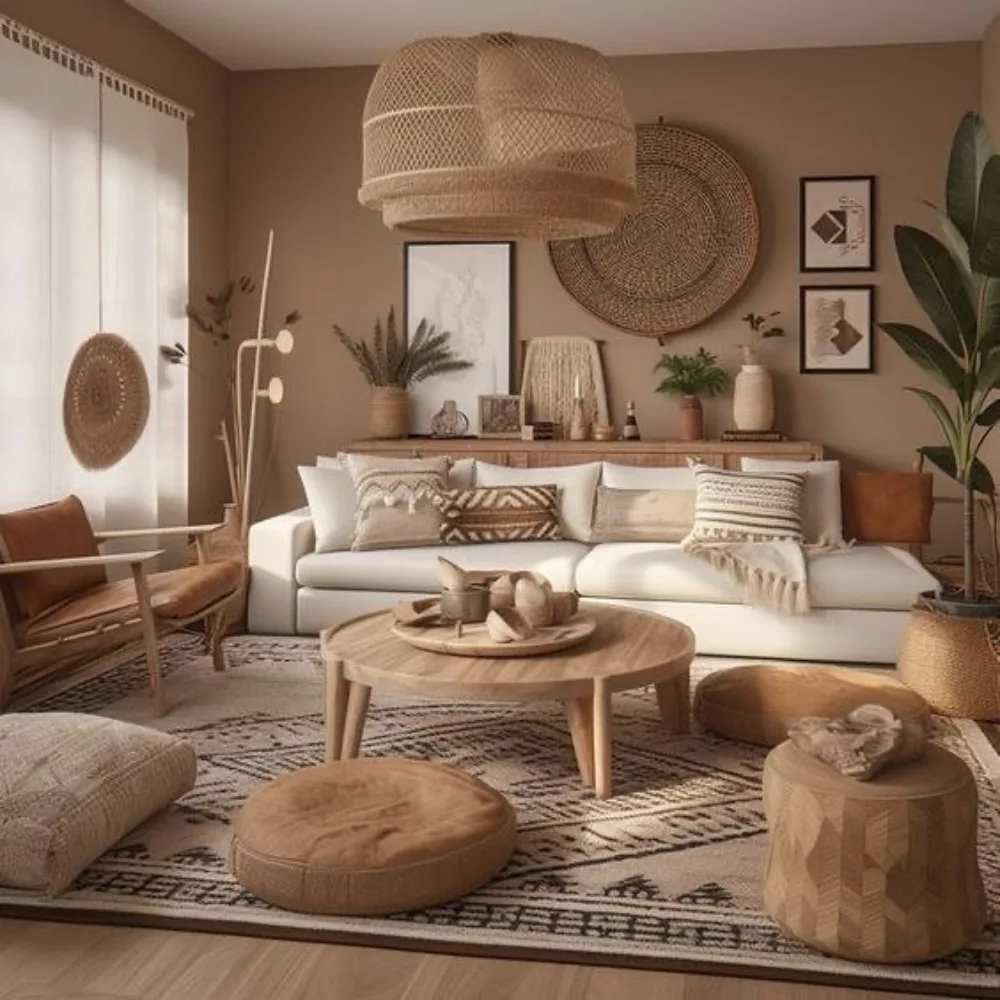 Earthy boho living room with a white sofa, tan walls, woven pendant light, patterned cushions, wooden furniture, and layered geometric rugs.