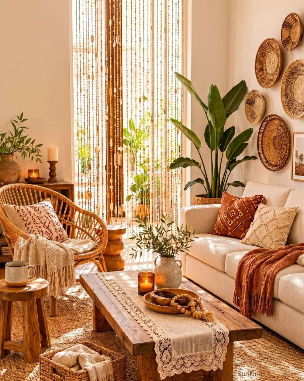 Sunlit boho living room with a cream sofa, rattan accent chair, woven bead curtains, rustic wooden coffee table, and warm earthy textiles.