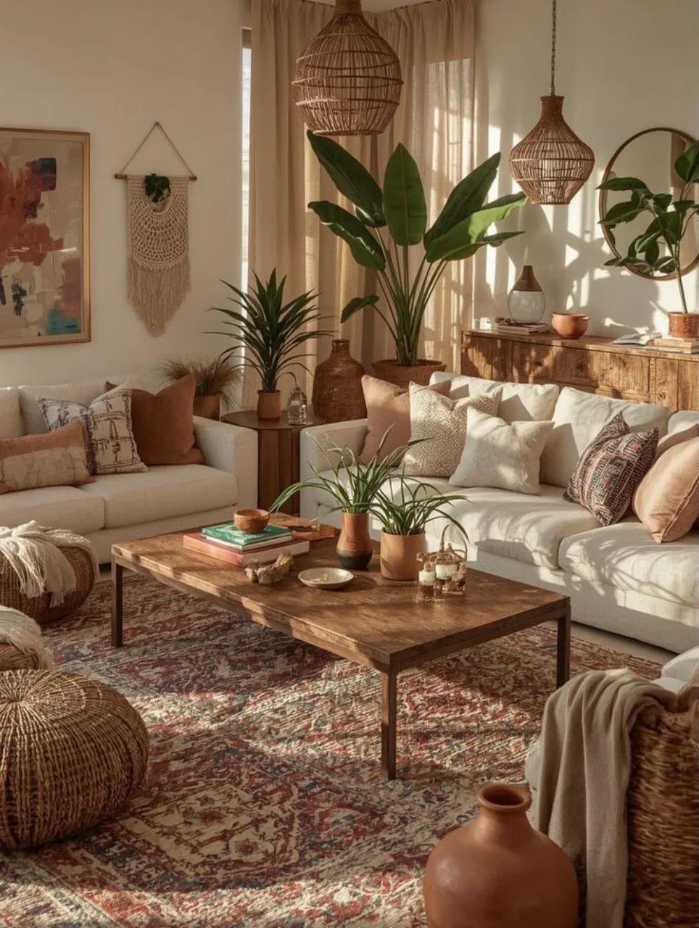 Earthy boho living room with cream sofas, rust-colored cushions, a vintage patterned rug, wooden coffee table, and woven pendant lights.