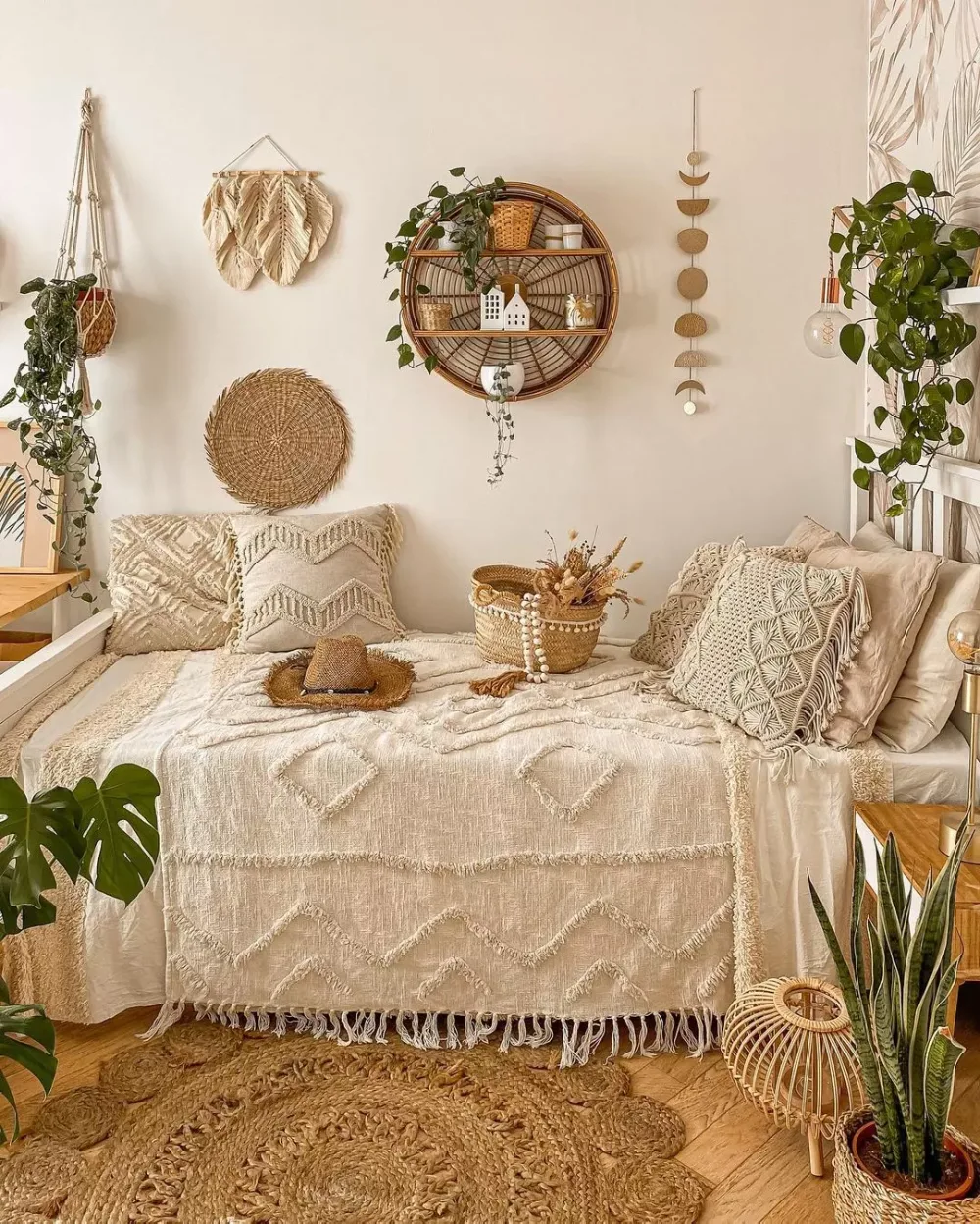 Neutral boho bedroom with cream textured bedding, macrame pillows, woven wall decor, a round rattan shelf, and natural fiber rugs.