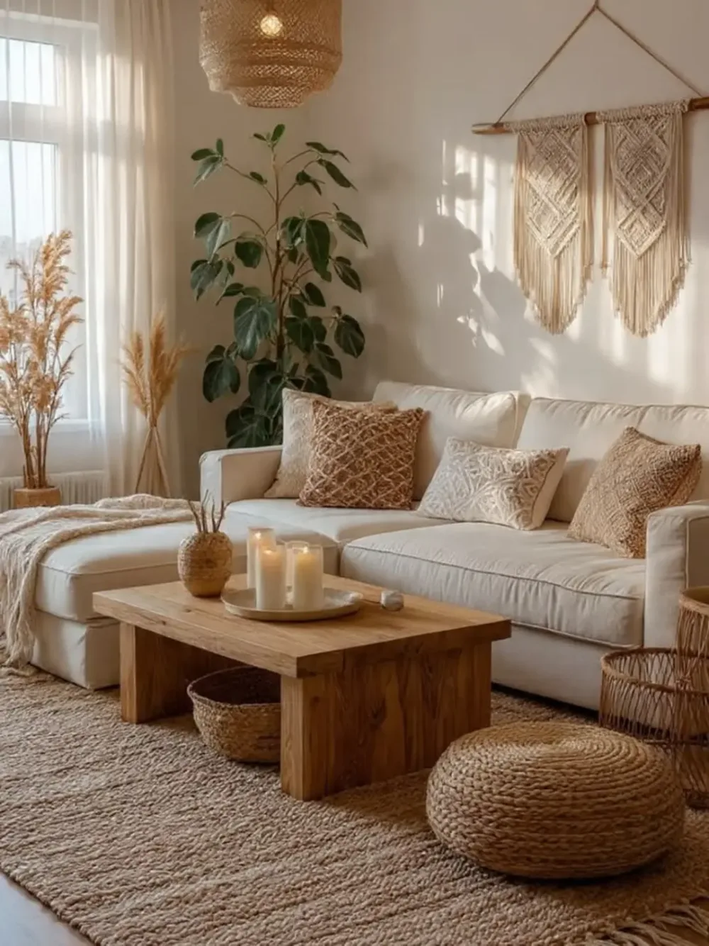 Cozy boho living room with a cream sectional sofa, chunky knitted pillows, a solid wood coffee table, jute rug, and macrame wall decor.
