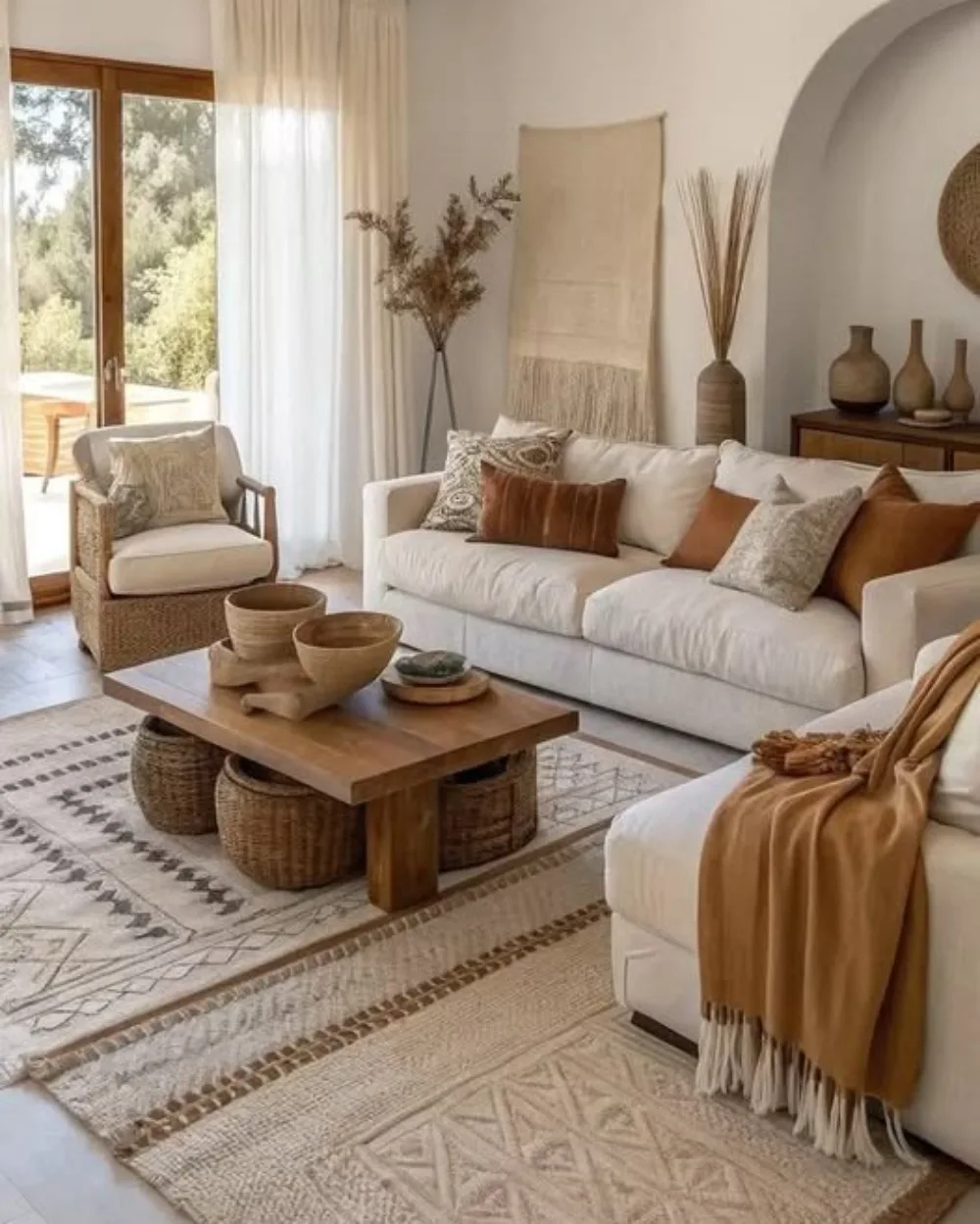 Neutral boho living room with cream sofas, rust-colored pillows, layered patterned rugs, a wooden coffee table, and woven baskets.