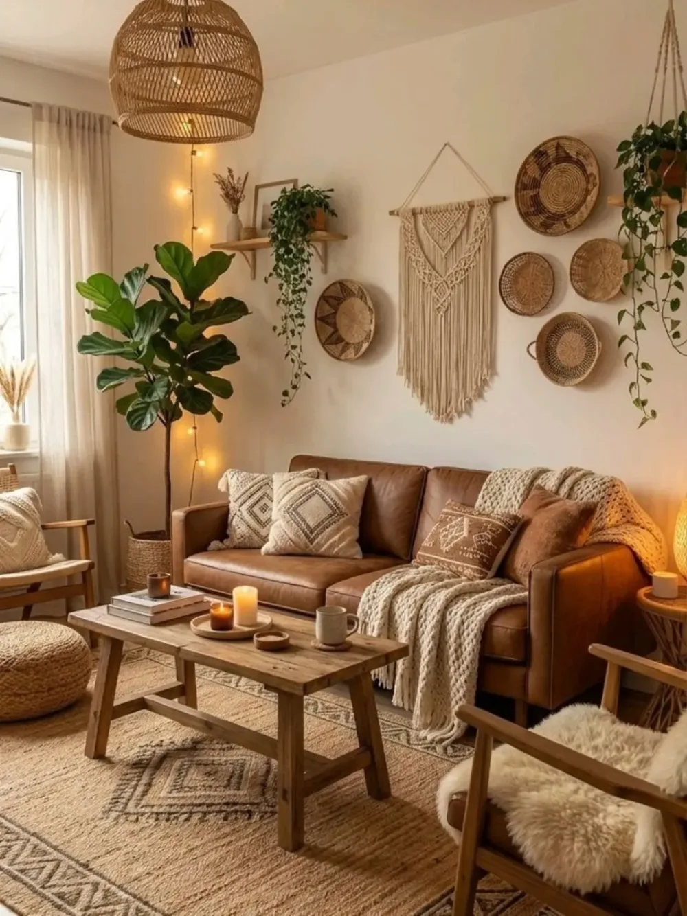 Boho living room with a brown leather sofa, cream macrame wall hanging, woven baskets, chunky knit blankets, and a rustic wooden coffee table.