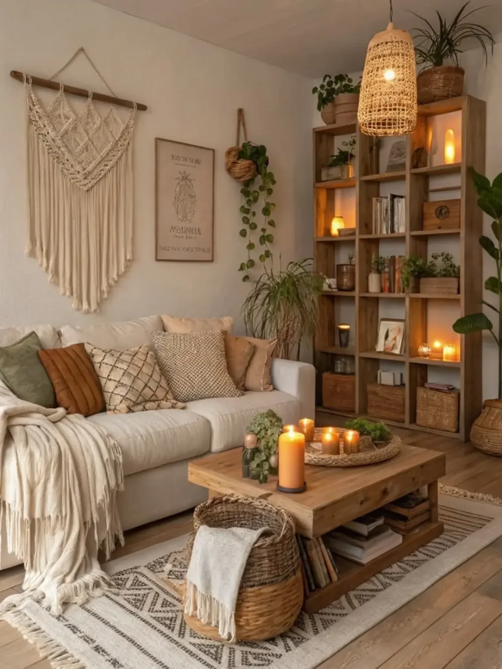 Cozy boho living room with a cream sofa, rustic wooden coffee table, macrame wall hanging, warm candles, and a tall wooden bookshelf.