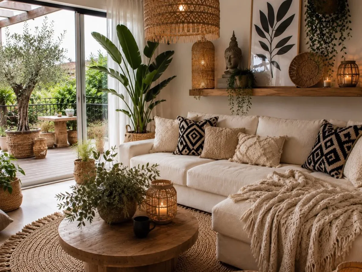 Boho living room with a cream sectional sofa, woven rattan pendant light, macrame pillows, natural wood coffee table, jute rug, and lush green plants.