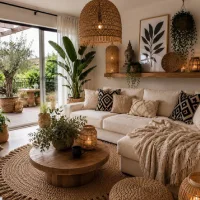 Boho living room with a cream sectional sofa, woven rattan pendant light, macrame pillows, natural wood coffee table, jute rug, and lush green plants.