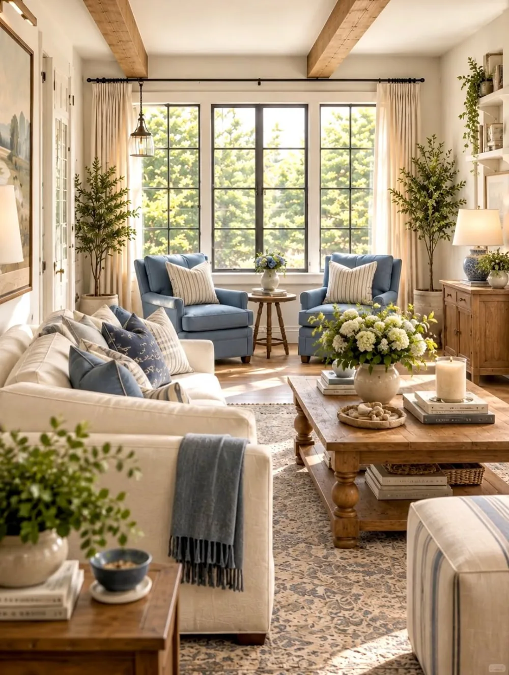 Farmhouse living room with blue accent chairs, a cream sofa, exposed wood ceiling beams, and a rustic wooden coffee table