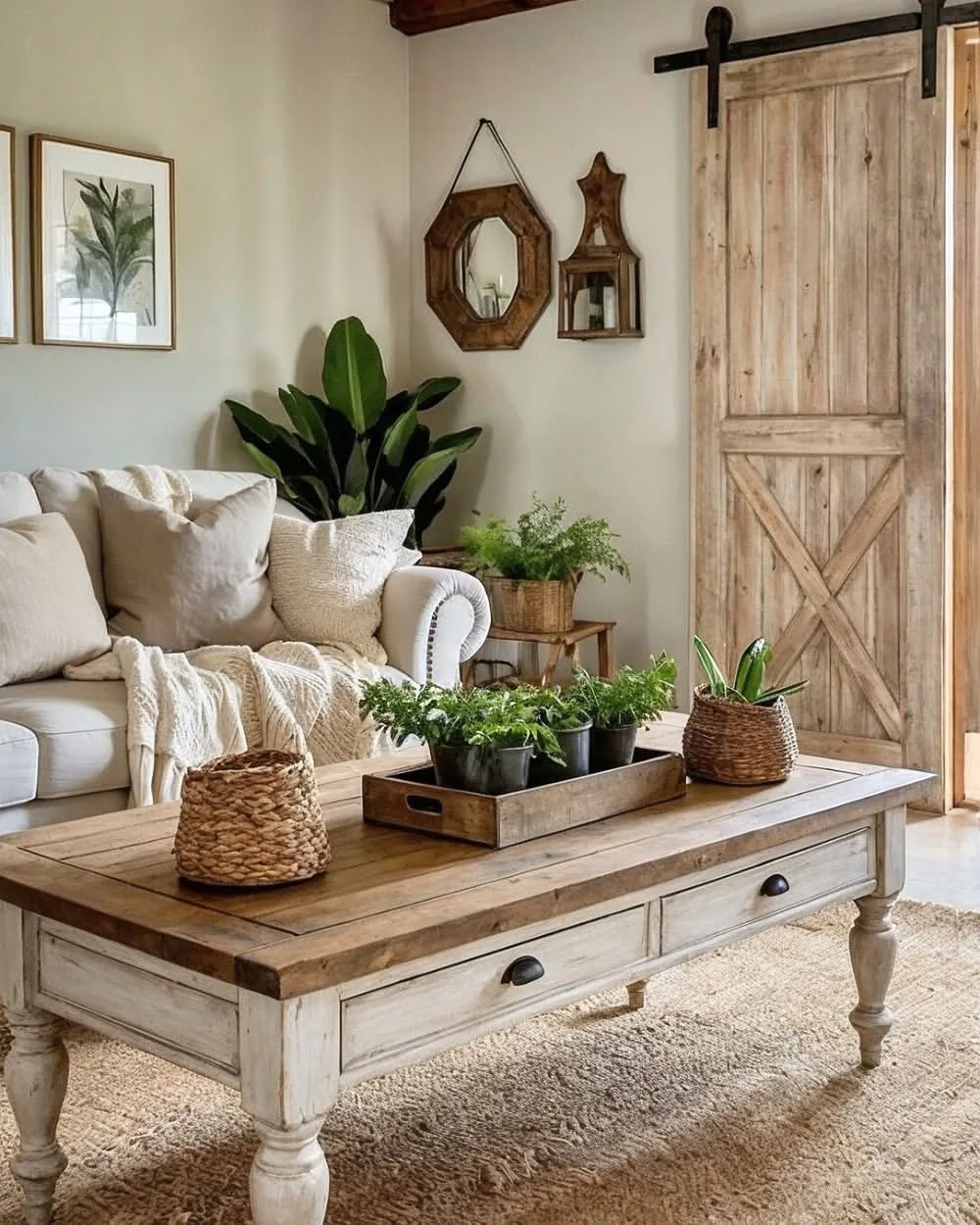 Rustic farmhouse living room with a weathered sliding barn door, cream sofa, reclaimed wood coffee table, woven baskets, and indoor plants