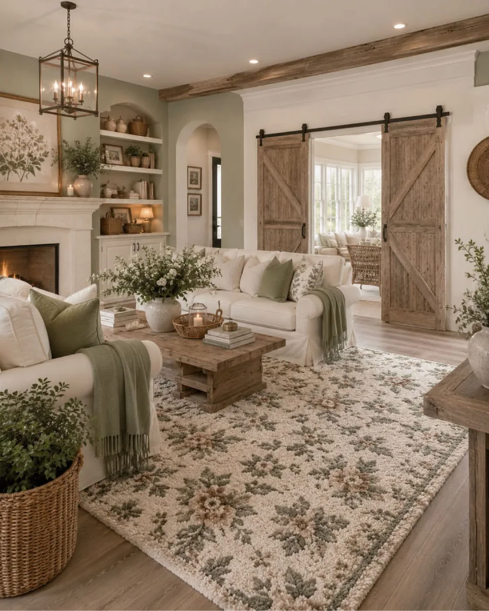 Farmhouse living room with a cream floral rug, white sofas, sage green pillows, rustic wooden coffee table, and sliding barn doors