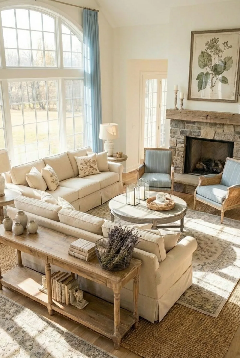 Farmhouse living room with a rustic stone fireplace, reclaimed wood mantel, cream sofas, pale blue accent chairs, and large arched windows
