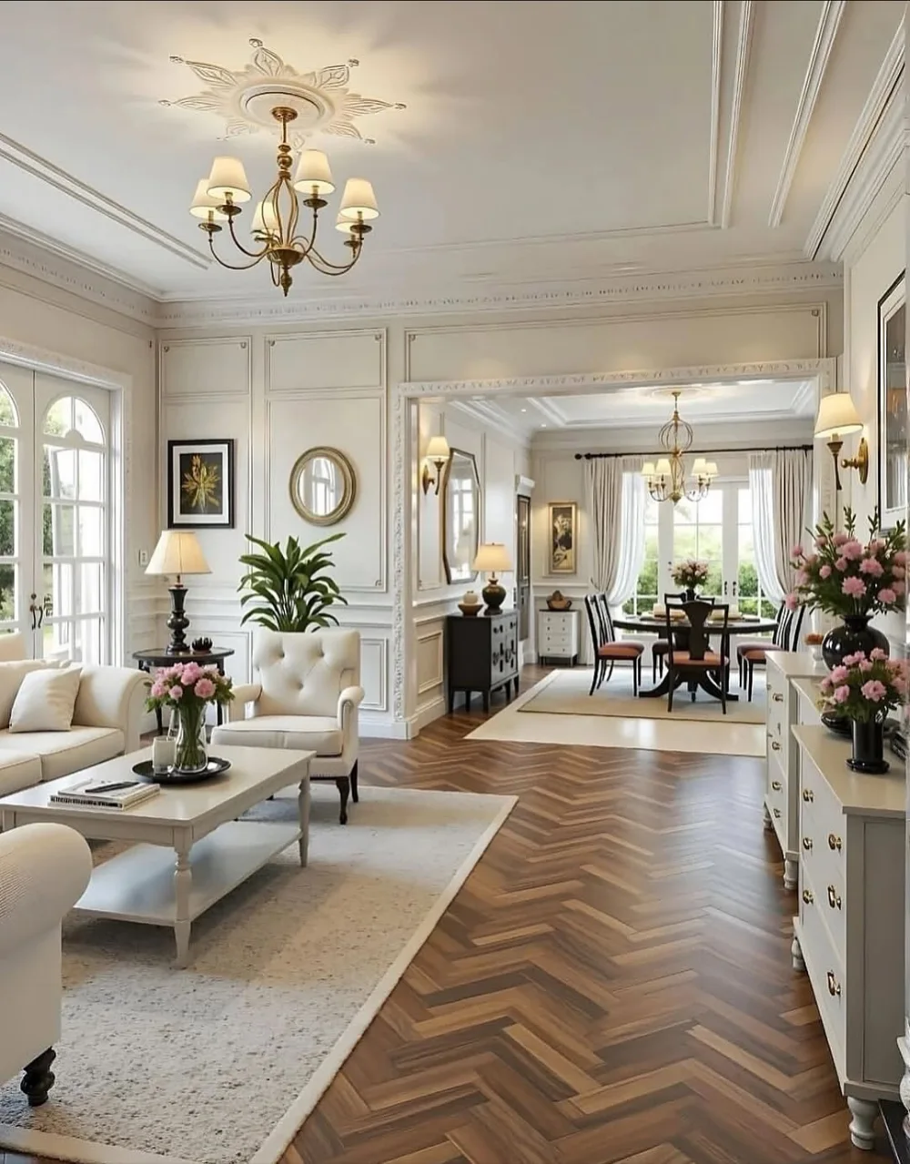Elegant farmhouse living room with cream paneled walls, white sofas, a brass chandelier, pink flowers, and herringbone wood flooring