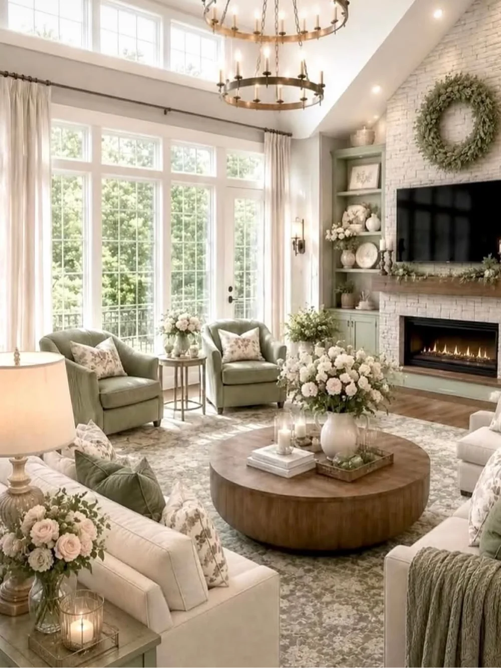 Bright farmhouse living room with sage green armchairs, cream sofas, a white brick fireplace, floral arrangements, and a round wooden coffee table