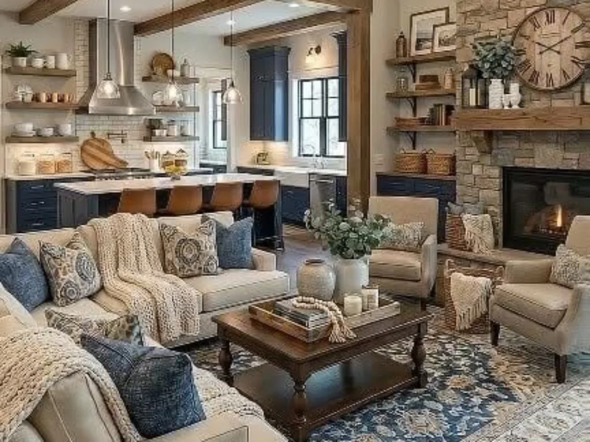 Farmhouse living room with a beige sofa, blue accent pillows, a rustic wooden coffee table, exposed ceiling beams, and a stone fireplace.