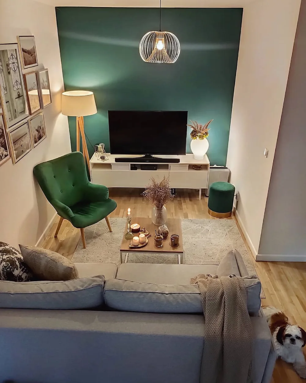 Small living room with green accent wall, gray sofa, green armchair, and compact coffee table