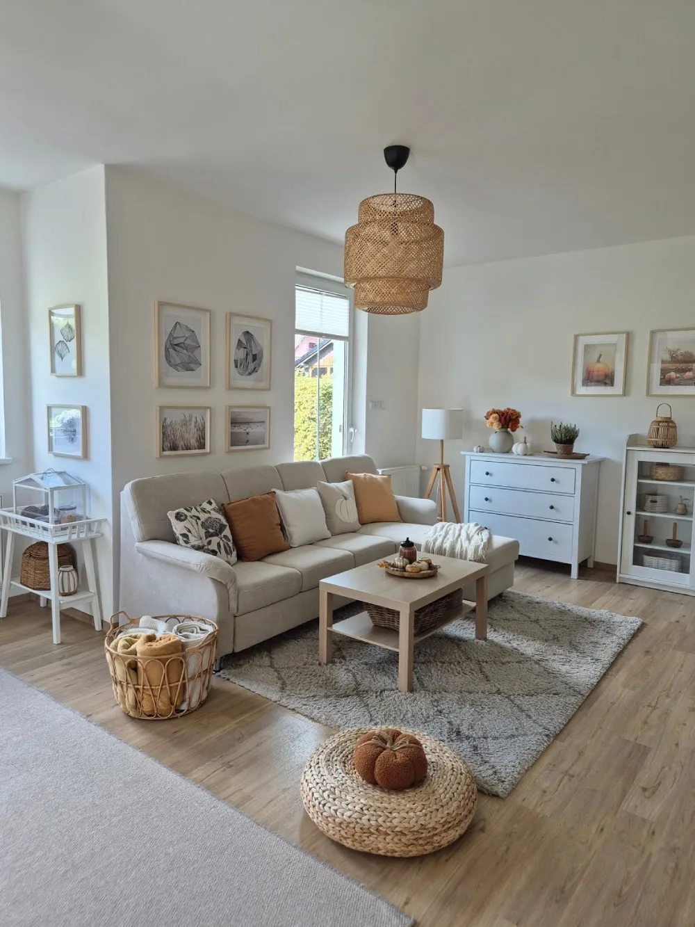 Small neutral living room with a compact sofa, square coffee table, woven pendant light, and storage furniture