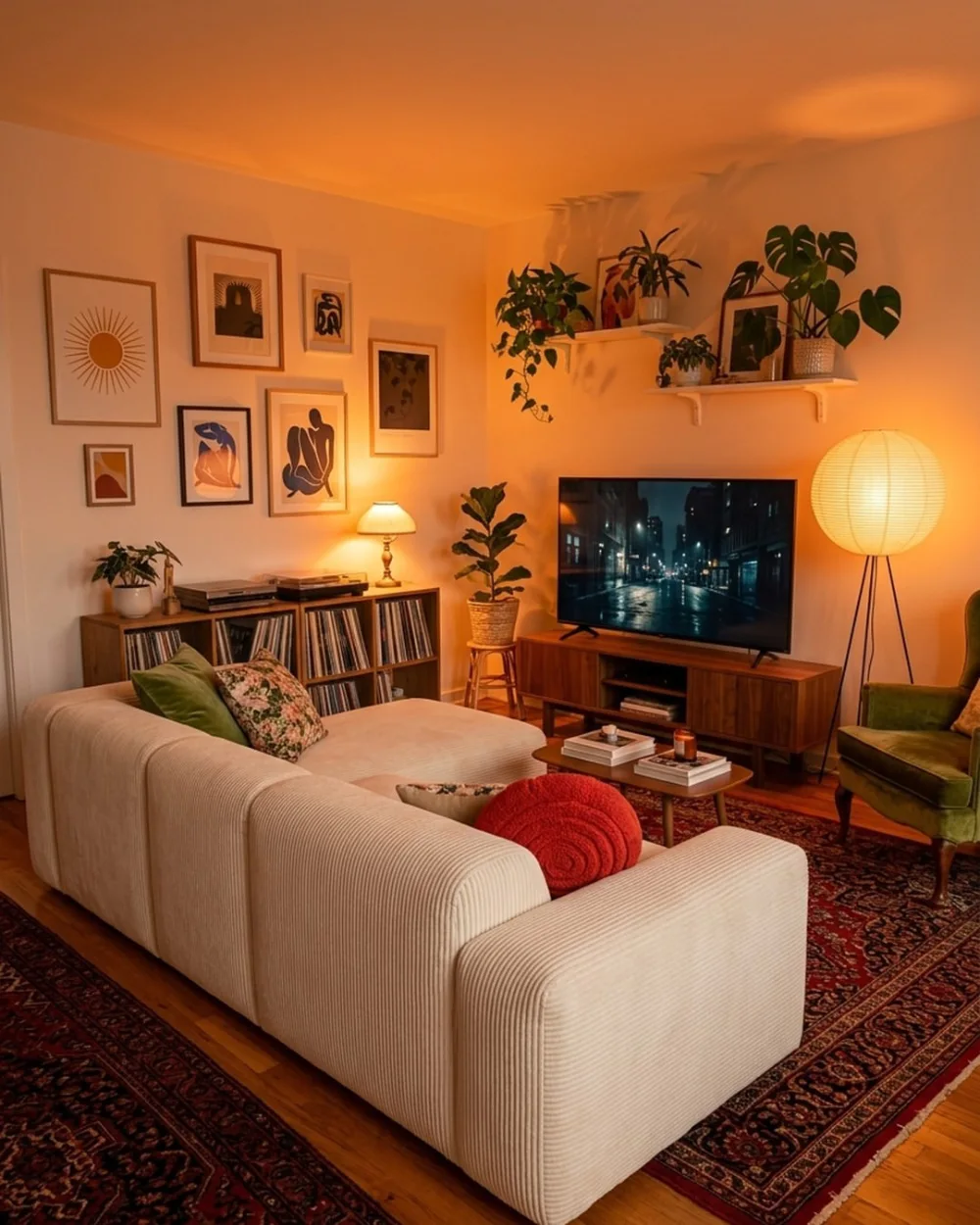 Small living room with a light gray sectional sofa, round nesting tables, and soft neutral decor