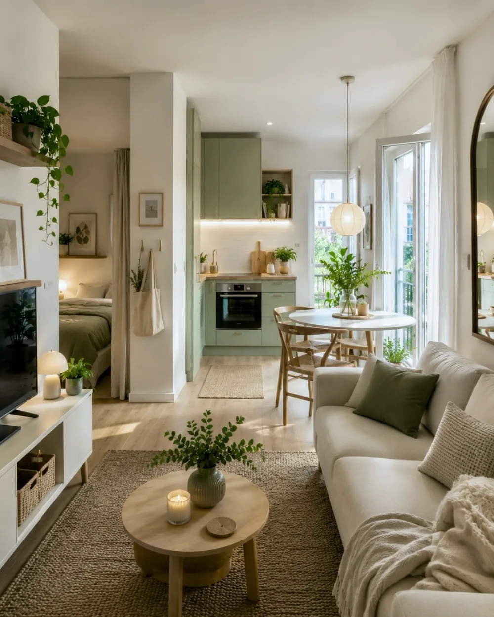 Small living room with gray seating, large windows, plants, and a patterned area rug