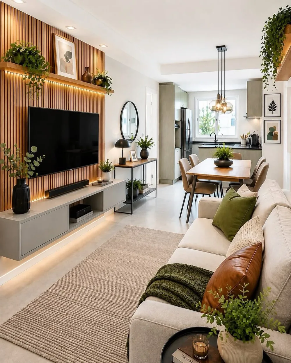 Open-concept living room with a wood slat TV wall, dining table, and kitchen