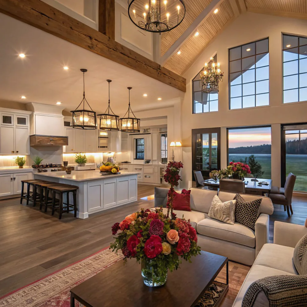 Open-concept living room and kitchen with a large island, vaulted ceiling, and tall windows