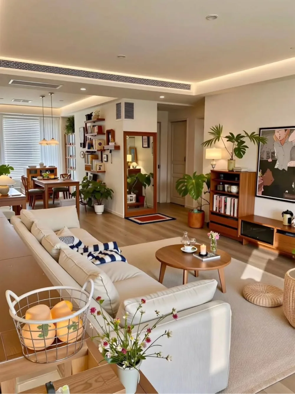 Open living room with large cream sectional, round coffee table, and dining area in the background