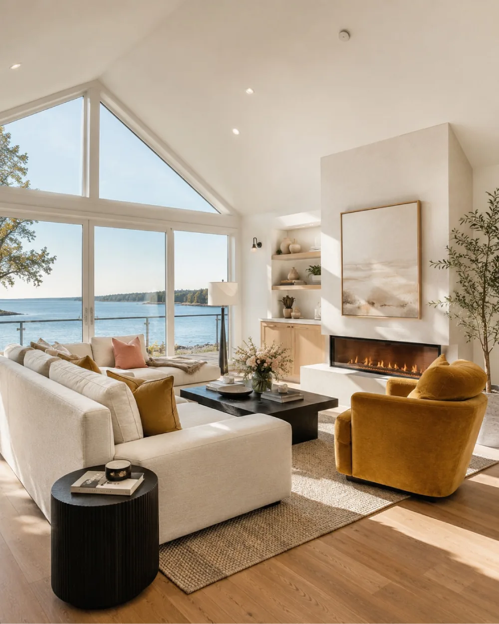 Bright living room with cream sofas, mustard armchair, fireplace, and ocean view