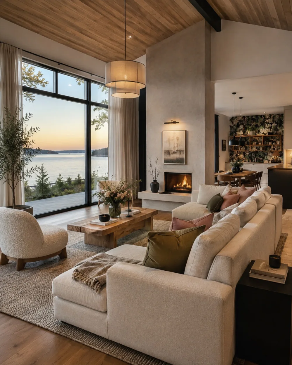 Open living room with cream sectional, fireplace, wood ceiling, and waterfront view