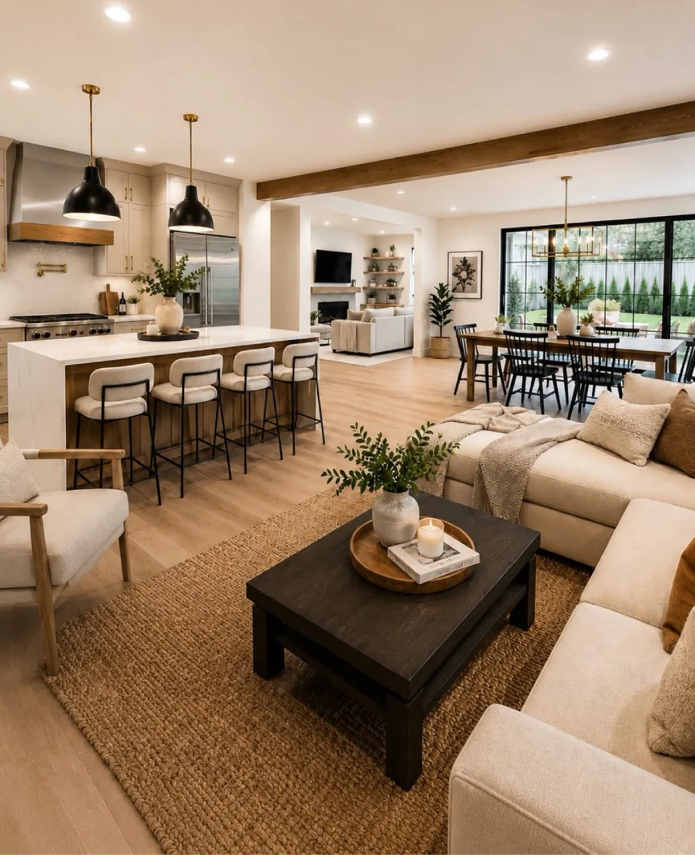 Open-concept kitchen with island, dining table, and living room