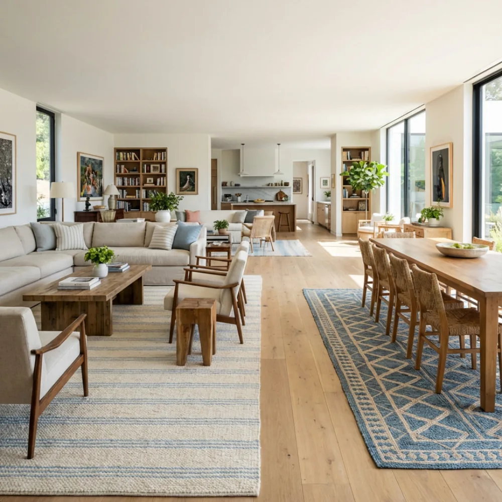 Open-concept living and dining room with separate patterned rugs and kitchen in the background
