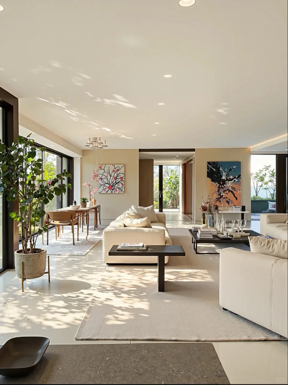 Bright open-concept living room with white sofas, black coffee tables, dining area, and large windows