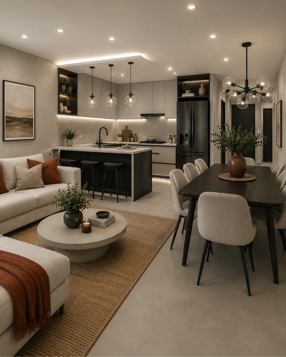 Modern open-concept room combining a kitchen, dining table, and neutral living area
