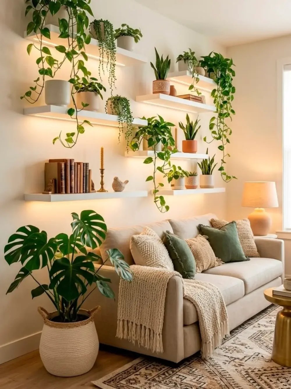 living room floating shelves decorated with potted and trailing plants
