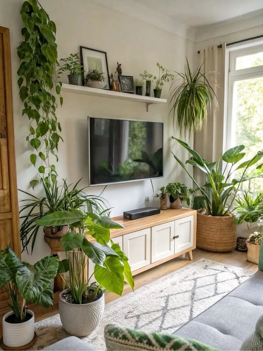 bright living room with large plants around a wooden TV console
