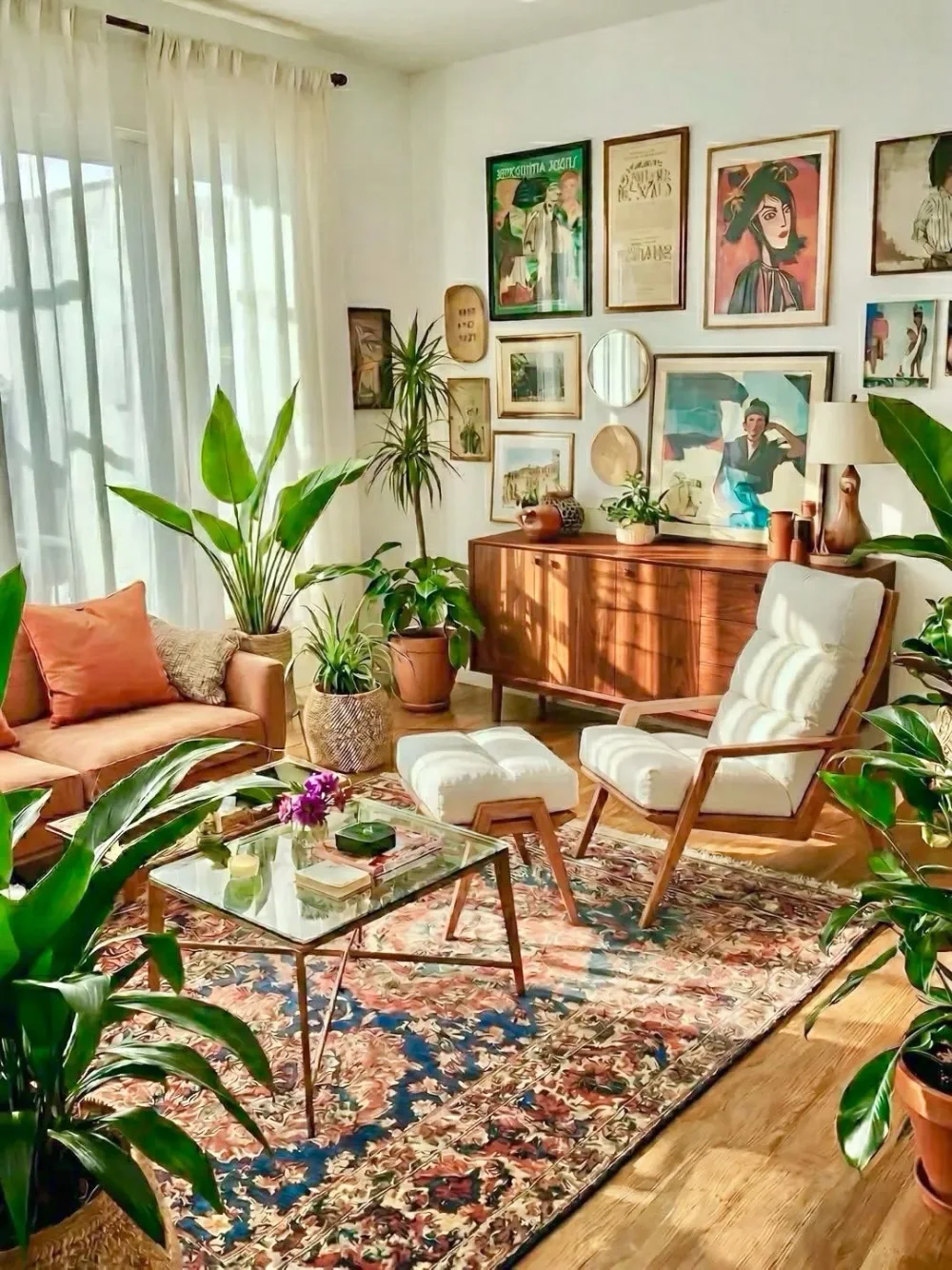 vintage-inspired living room with colorful artwork and potted plants