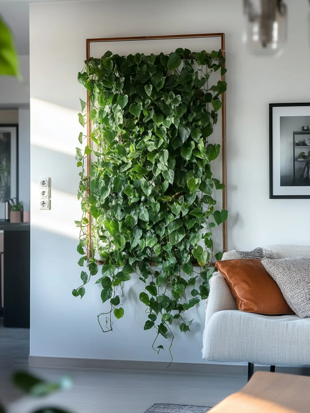 trailing green plant growing across a framed wall display in a living room