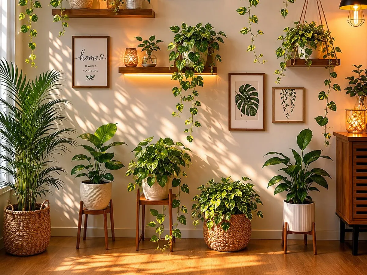 Living room wall decorated with hanging plants, potted greenery, wooden shelves, and botanical artwork in warm natural light.