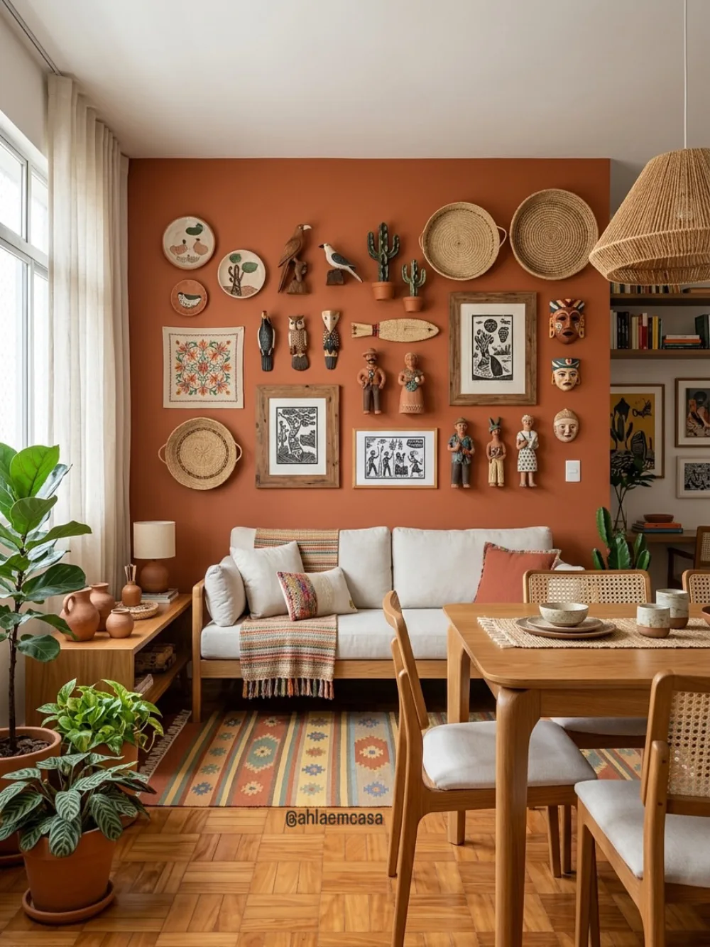 Earthy living room with terracotta accent wall, woven wall decor, plants, and cream sofa