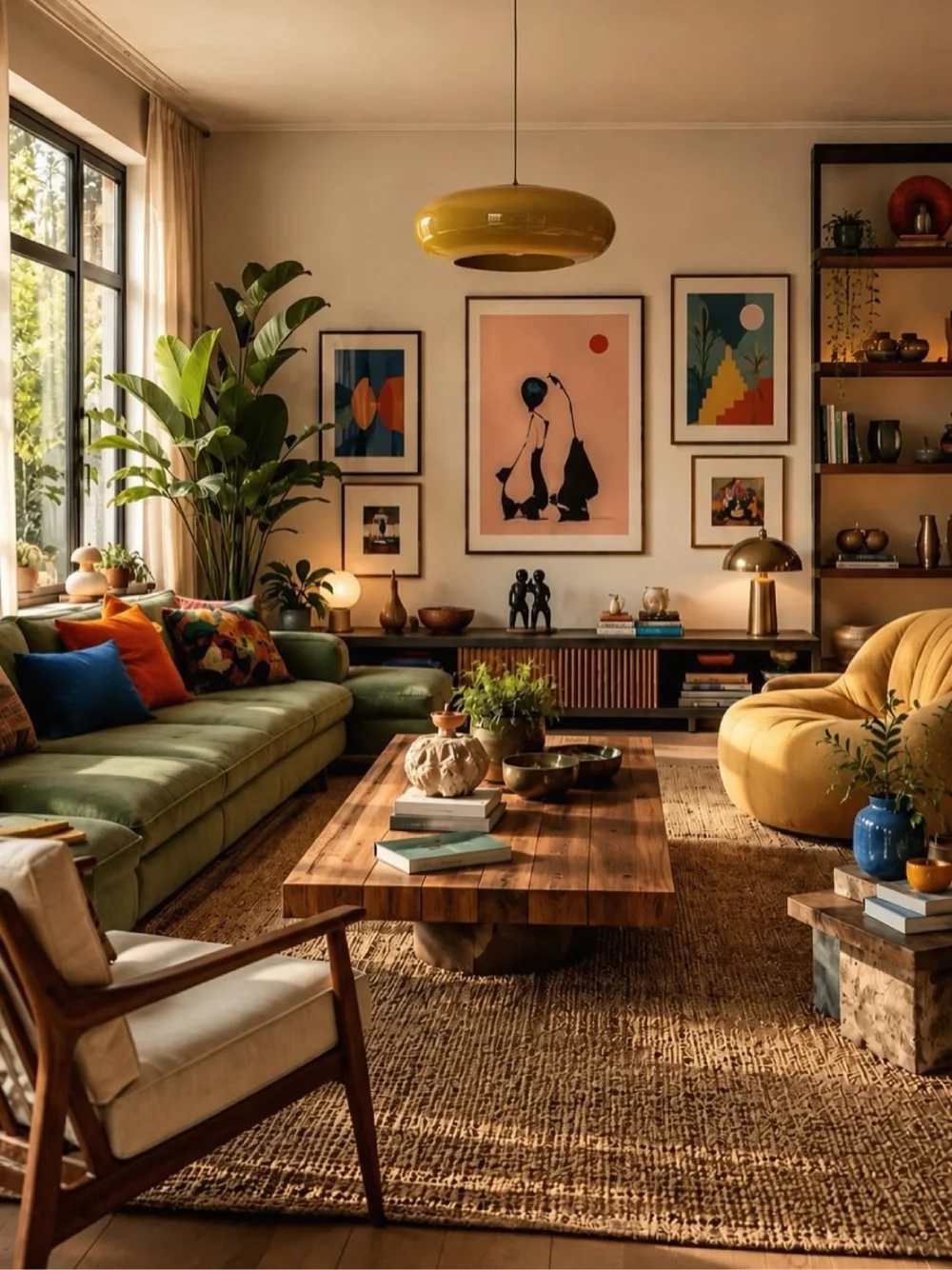 Earthy living room with green sofa, mustard chair, colorful artwork, plants, and warm wood furniture