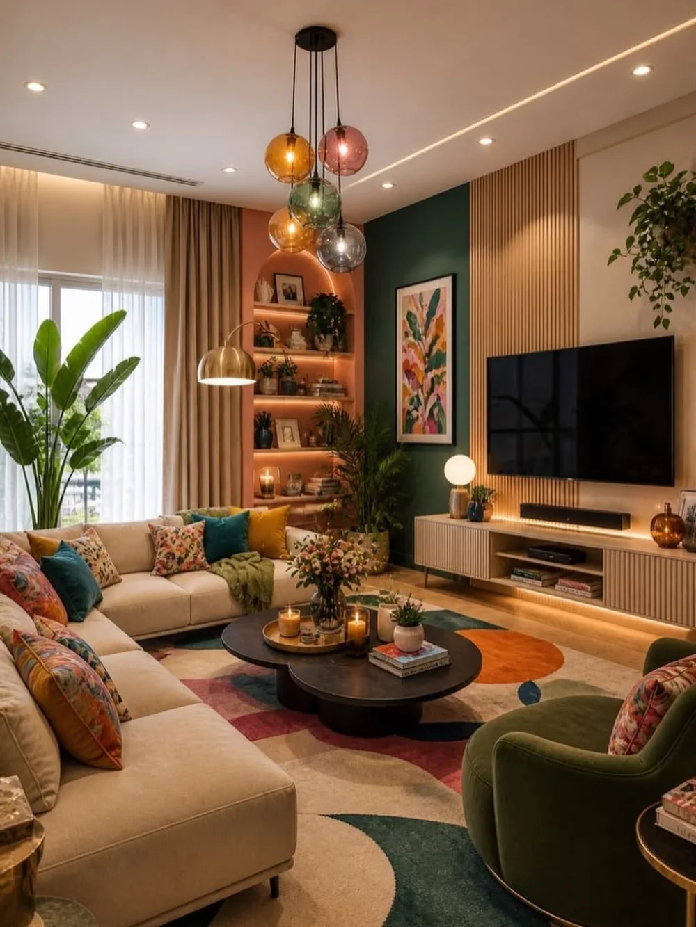 Colorful earthy living room with cream sectional, dark green accent wall, wood paneling, and plants