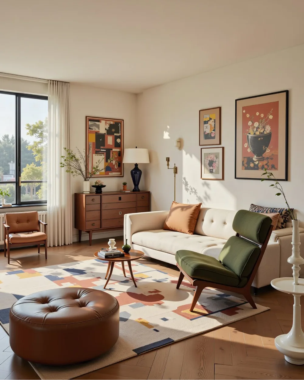 Midcentury earthy living room with cream sofa, walnut furniture, olive chair, and colorful abstract rug