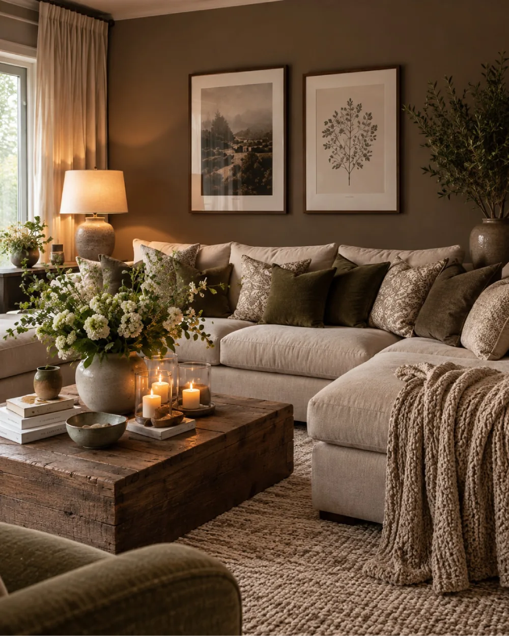 Moody earthy living room with brown accent wall, cream sectional, wood coffee table, and greenery