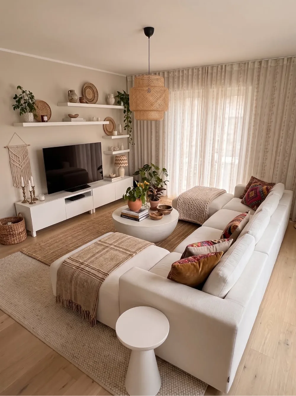 Light earthy living room with white sectional, woven pendant, natural rug, plants, and warm wood accents