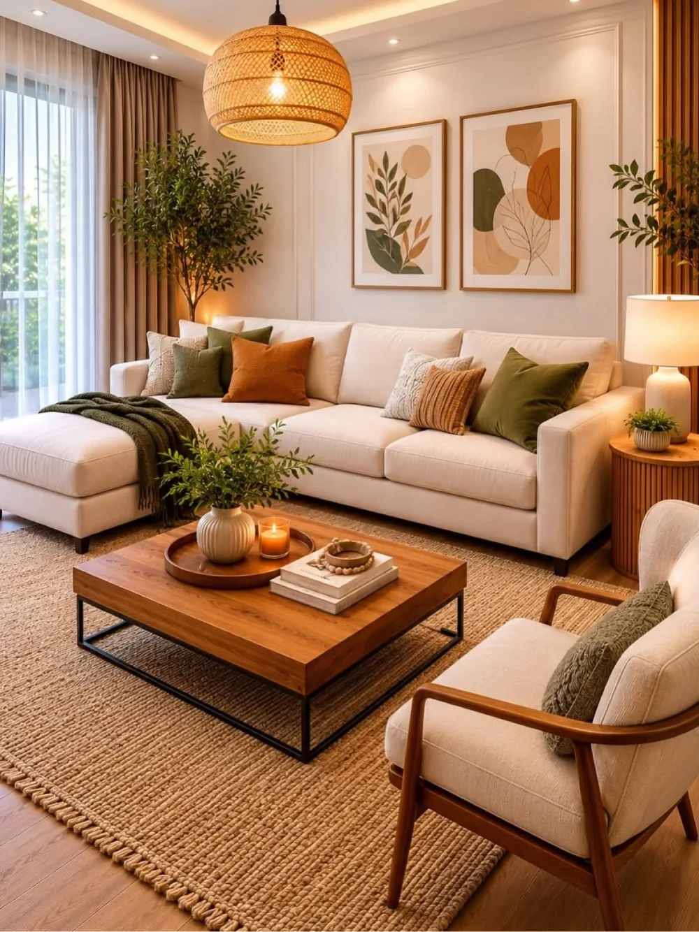 Warm neutral earthy living room with cream sectional, woven rug, wood coffee table, and olive accents