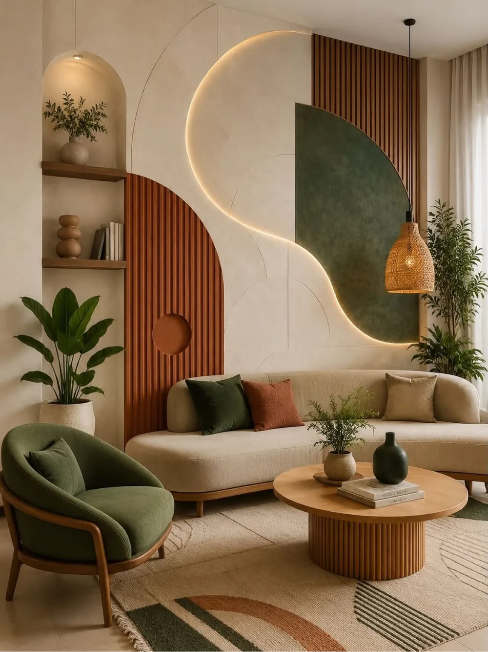Organic modern earthy living room with curved sofa, green accent chair, wood slats, and sculptural wall design