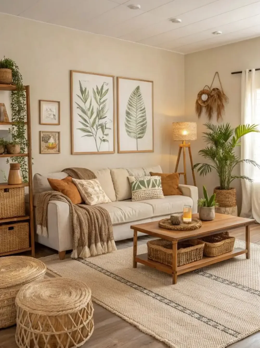 Earthy living room with botanical artwork, cream sofa, woven baskets, plants, and natural wood furniture